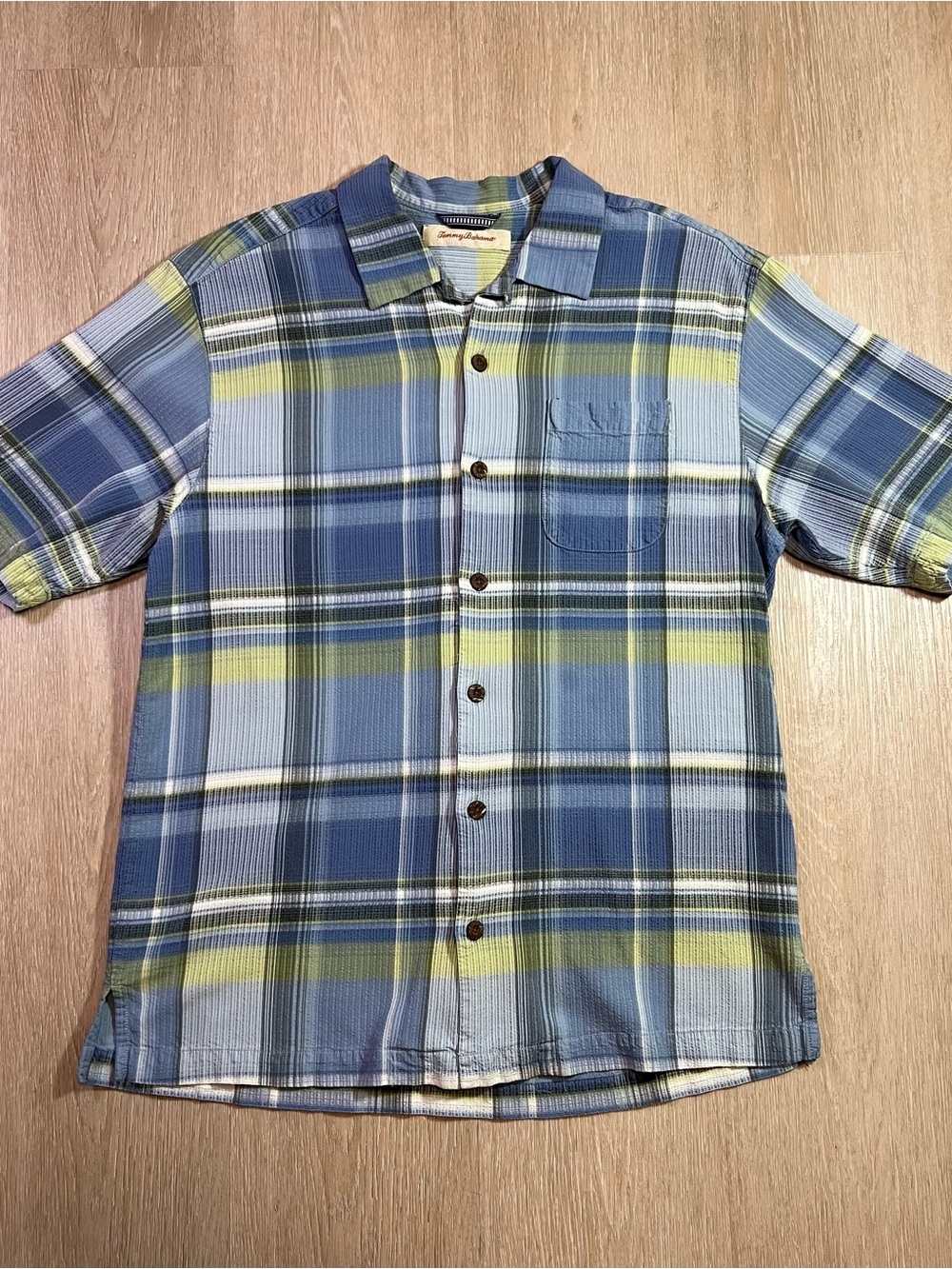 100% Silk Tommy Bahama Blue Plaid Short Sleeve Button-Down Shirt - STAINED